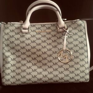 Michael Kors Beige/Light Pink MK Logo Satchel with Gold Charm